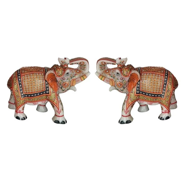 Pair of Two Elephants Handcrafted in makrana marbles- Symbol of Wisdom and Strength, Home Decor Figurines 8 inch