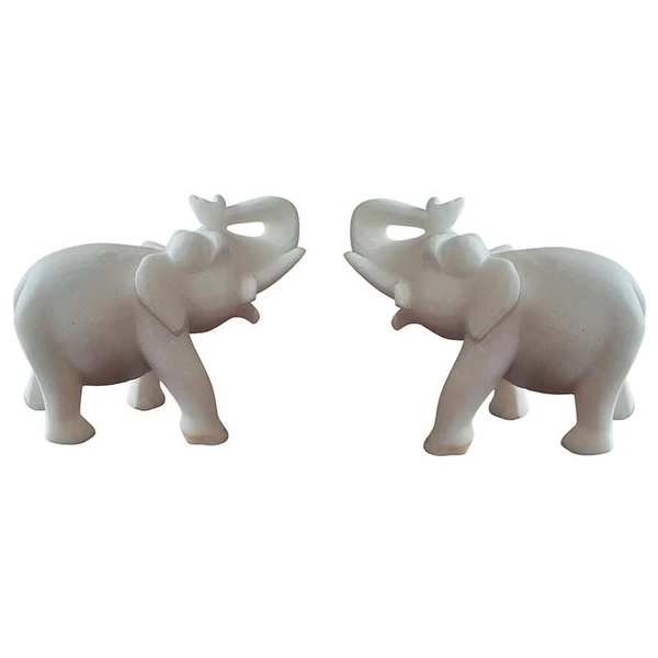 Pair of Two Elephants Handcrafted in Plain White Makrana Marble - Vastu Shastra Inspired Symbol of Wisdom and Strength, Elegant Home Decor Figurines 6 inch 