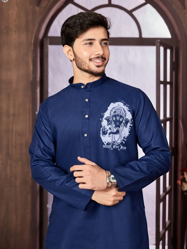 USR98 Ganpati Printed Kurta - L, Navy Blue