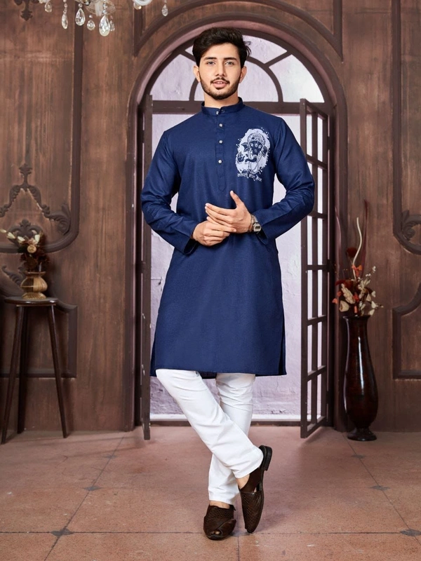 USR98 Ganpati Printed Kurta - L, Navy Blue