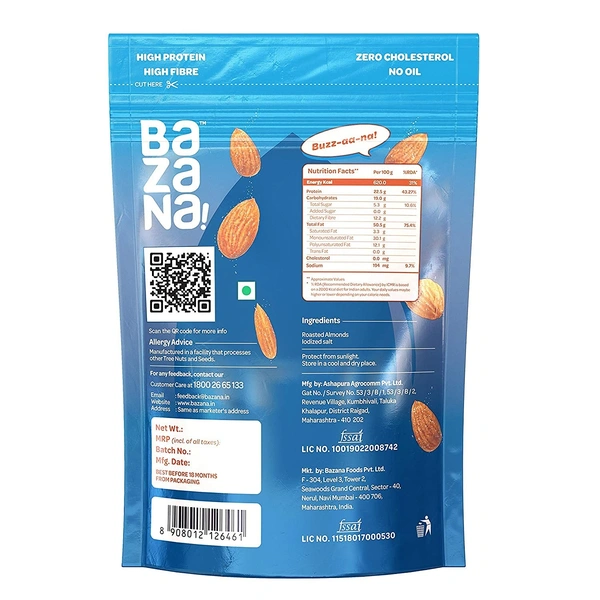 BAZANA Bazana Roasted Salted Almonds | 100% California Almonds | Not Fried, Roasted Salted Almonds | 1 Pack, 190g - 