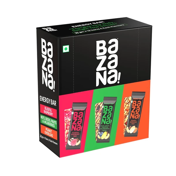 BAZANA Bazana 3 in 1 Energy Bars | Trio Pack with 4 Units of Peanuts Overloaded (POV), Nuts, Seeds, Fruits & Wildberries (NSFW) and Blissful Raspberry (BRB) Energy Bars | (38g x 12 Bars)