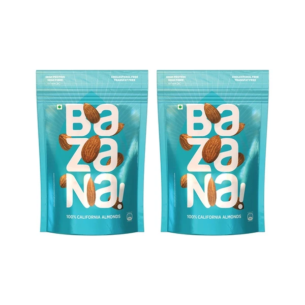 Bazana Premium Natural California Dried Almonds - 200g Pack x 2 Pouch | High Fiber, Immunity Boosting, Real Nuts Dry Fruit | Gluten-Free