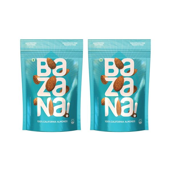 Bazana Premium Natural California Dried Almonds - 200g Pack x 2 Pouch | High Fiber, Immunity Boosting, Real Nuts Dry Fruit | Gluten-Free