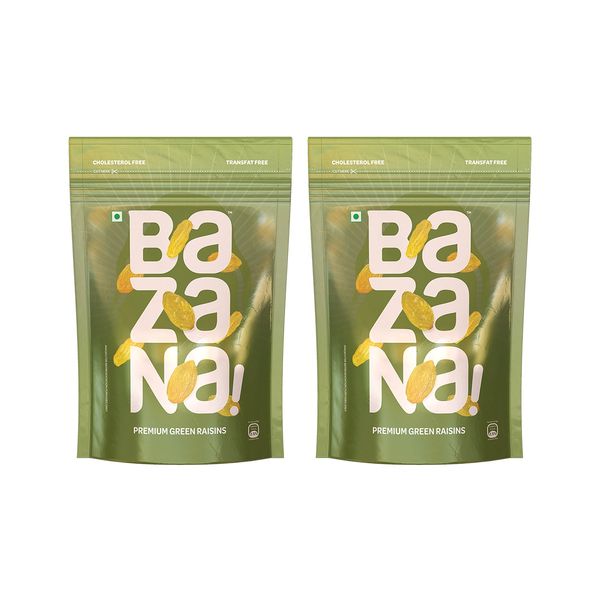 Bazana Premium Seedless Kismis: Nutritious Long Green Raisins - Dried Grapes Kishmish - 200g x Set of 2 in Ziplock Pouch - Rich in Iron & Vitamin B