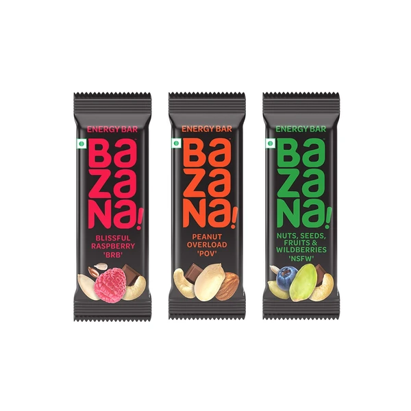 Bazana Energy Boost Trio: Assorted 3-Pack of Energy Bars (Raspberry, Peanut Overload, NutFruit & Berries)