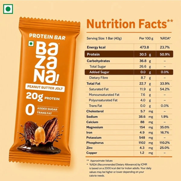 Bazana Foods Pvt Ltd Bazana Peanut Butter Jolt Protein Bars - Pack of 6 (396g)