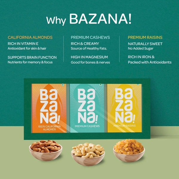 BAZANA Bazana Diwali Celebration Essential Gift Pack - Cashew, Rasins & California Almonds (3 x 100g)