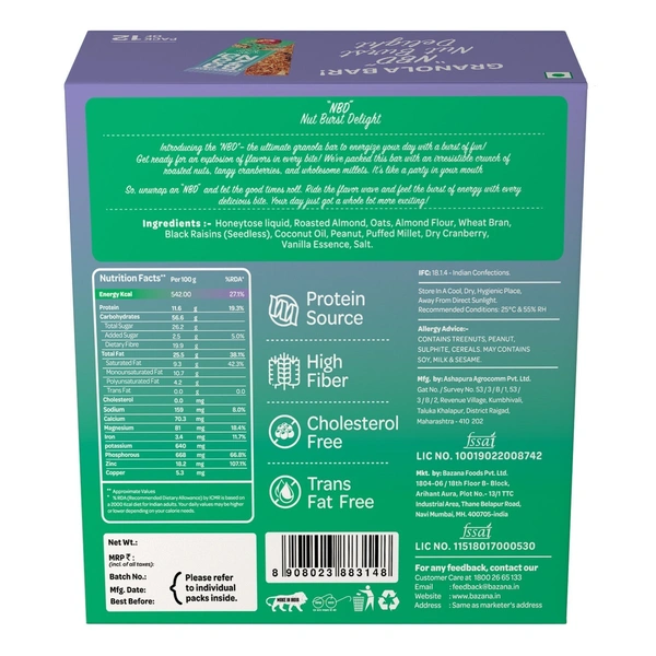 BAZANA Bazana Nut Burst Delight (NBD) Granola Bar (Pack of 12) 36g each - 
