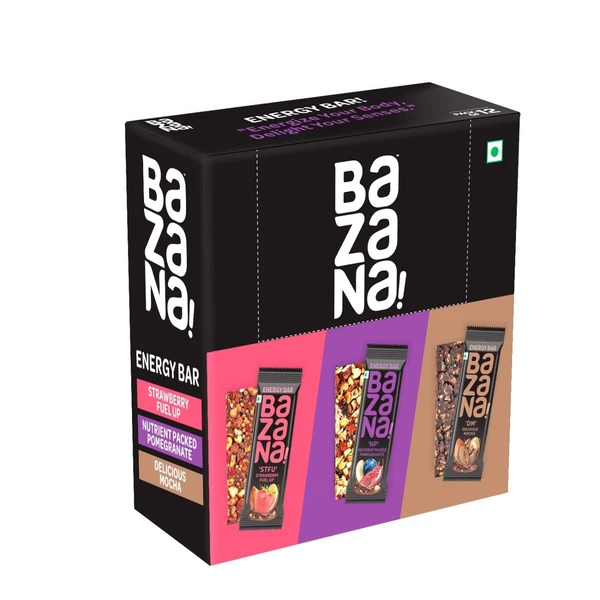 BAZANA Indulge in Natural Bliss: Strawberry Pomegranate Mocha Energy Bar - Your Delicious and Energizing Snack! 36 gram x 12 pcs - Pink