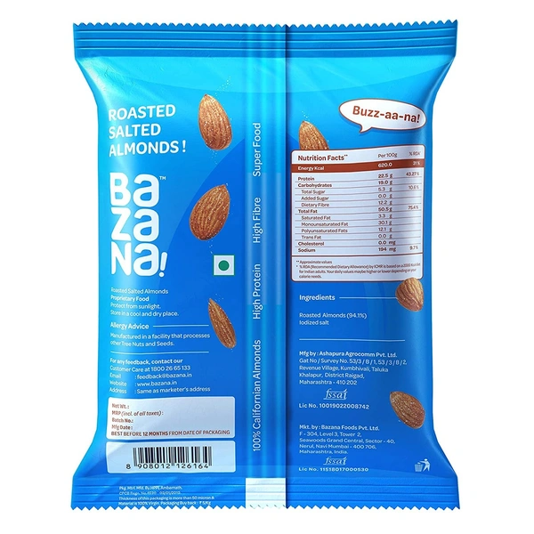 BAZANA Bazana Roasted Salted Almonds | 240g (6X40g) | Pack of 6 | Roasted Salted, Not Fried | 40g each Pack - 
