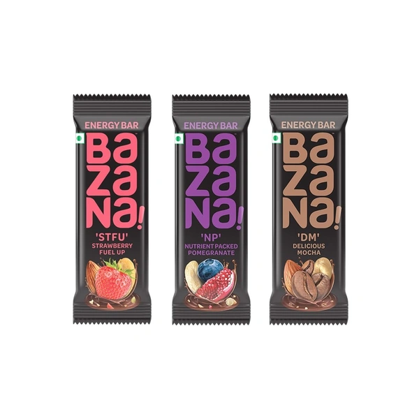 BAZANA Bazana 3 in 1 Energy Bars | Trio Pack with 4 Units of Strawberry (STFU), Pomegranate (NP) and Mocha (DM) Energy Bars | (38g x 12 Bars)