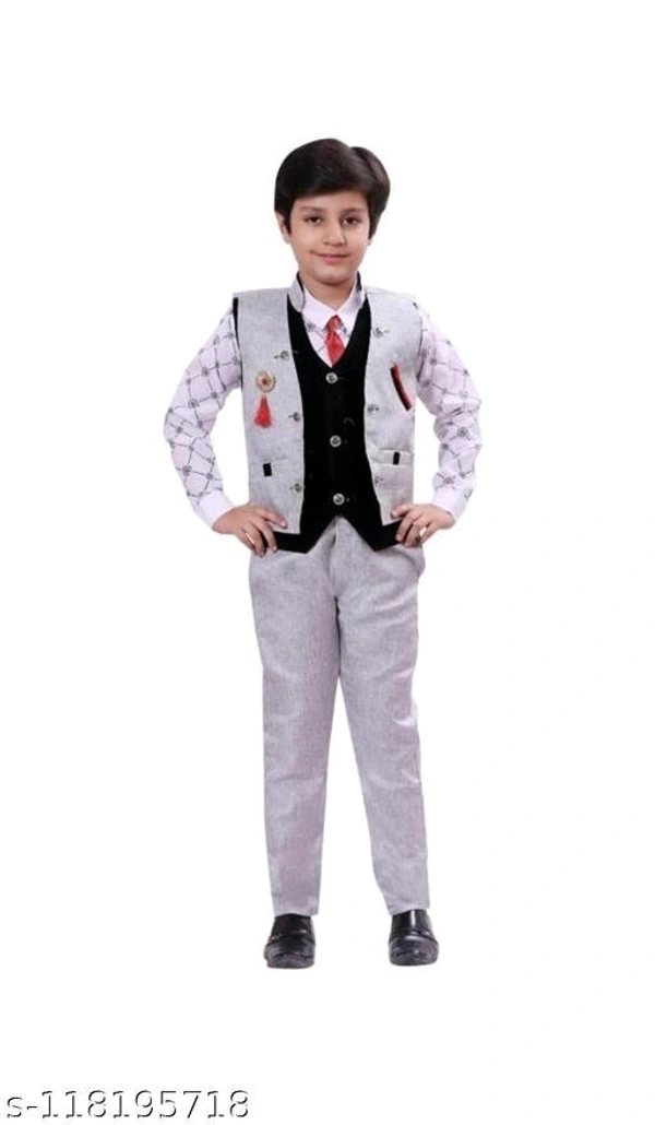 3 piece boys suit set of waistcoat pant and shirt for 2-11 years kids clothing setName: 3 piece boys suit set of waistcoat pant and shirt for 2-11 years kids clothing setTop Fabric: Cotton BlendBottom Fabric: Jute CottonSleeve Length: Long SleevesTop Pattern: CheckedBottom Pattern: SolidNet Quantity (N): SingleAdd-Ons: WaistcoatSizes:12-18 Months (Top Chest Size: 22 in, Top Length  - 7