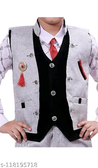 3 piece boys suit set of waistcoat pant and shirt for 2-11 years kids clothing setName: 3 piece boys suit set of waistcoat pant and shirt for 2-11 years kids clothing setTop Fabric: Cotton BlendBottom Fabric: Jute CottonSleeve Length: Long SleevesTop Pattern: CheckedBottom Pattern: SolidNet Quantity (N): SingleAdd-Ons: WaistcoatSizes:12-18 Months (Top Chest Size: 22 in, Top Length  - 7
