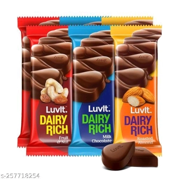 LuvIt Dairy Rich Chocolates Bar | Combo Pack of Milk, Fruit & Nut, Roasted Almond | Pack of 6 - 132gName: LuvIt Dairy Rich Chocolates Bar | Combo Pack of Milk, Fruit & Nut, Roasted Almond | Pack of 6 - 132gFSSAI License Number: 10014043001056Shelf life (Best Before): 12 MonthsNet Quantity (N): 6Veg/NonVeg: VegWeight: 450gmLuvIt brings to you irresistibly smooth & rich chocolate ran