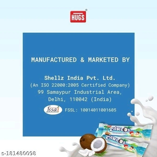Hugs Carlos Coconut Chocolate Bar| Coconut filled Chocolate (30 pcs in a box)Name: Hugs Carlos Coconut Chocolate Bar| Coconut filled Chocolate (30 pcs in a box)Brand: HUGSFSSAI License Number: 10014011001605Shelf life (Best Before): 12 MonthsNet Quantity (N): 1Veg/NonVeg: VegWeight: 550gm- Hugs Carlos Coconut Chocolate Bar has the goodness of real coconut flakes in creamy coconut f