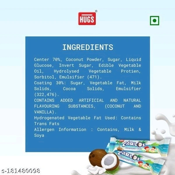 Hugs Carlos Coconut Chocolate Bar| Coconut filled Chocolate (30 pcs in a box)Name: Hugs Carlos Coconut Chocolate Bar| Coconut filled Chocolate (30 pcs in a box)Brand: HUGSFSSAI License Number: 10014011001605Shelf life (Best Before): 12 MonthsNet Quantity (N): 1Veg/NonVeg: VegWeight: 550gm- Hugs Carlos Coconut Chocolate Bar has the goodness of real coconut flakes in creamy coconut f