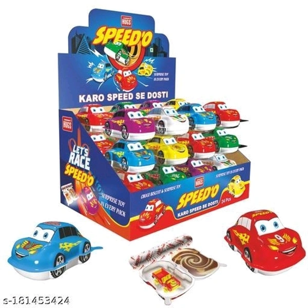 HUGS Speedo Toy Car– Chocolate Snack with Surprise Gift (24 pcs in a box) Name: HUGS Speedo Toy Car– Chocolate Snack with Surprise Gift (24 pcs in a box) Brand: HUGSShelf life (Best Before): 12 MonthsNet Quantity (N): 1Veg/NonVeg: VegWeight: 400gm-	Hugs Speedo is made with crunchy biscuits dipped in delicious and creamy chocolate and milk Cream packed in a toy car.-	These small pac