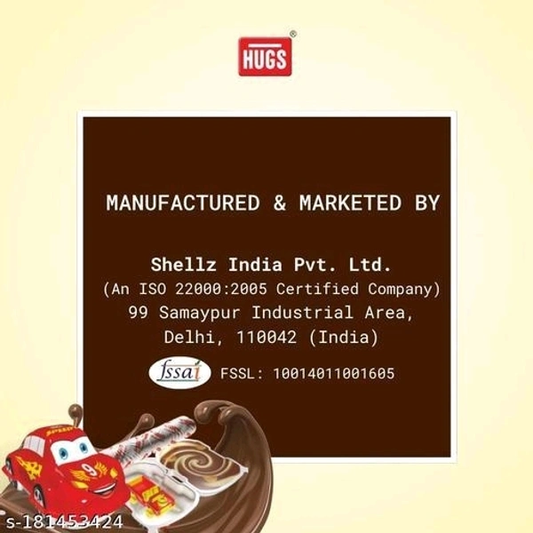 HUGS Speedo Toy Car– Chocolate Snack with Surprise Gift (24 pcs in a box) Name: HUGS Speedo Toy Car– Chocolate Snack with Surprise Gift (24 pcs in a box) Brand: HUGSShelf life (Best Before): 12 MonthsNet Quantity (N): 1Veg/NonVeg: VegWeight: 400gm-	Hugs Speedo is made with crunchy biscuits dipped in delicious and creamy chocolate and milk Cream packed in a toy car.-	These small pac