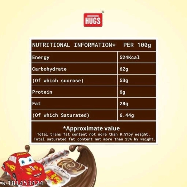 HUGS Speedo Toy Car– Chocolate Snack with Surprise Gift (24 pcs in a box) Name: HUGS Speedo Toy Car– Chocolate Snack with Surprise Gift (24 pcs in a box) Brand: HUGSShelf life (Best Before): 12 MonthsNet Quantity (N): 1Veg/NonVeg: VegWeight: 400gm-	Hugs Speedo is made with crunchy biscuits dipped in delicious and creamy chocolate and milk Cream packed in a toy car.-	These small pac