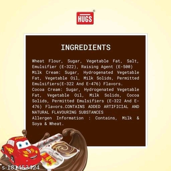 HUGS Speedo Toy Car– Chocolate Snack with Surprise Gift (24 pcs in a box) Name: HUGS Speedo Toy Car– Chocolate Snack with Surprise Gift (24 pcs in a box) Brand: HUGSShelf life (Best Before): 12 MonthsNet Quantity (N): 1Veg/NonVeg: VegWeight: 400gm-	Hugs Speedo is made with crunchy biscuits dipped in delicious and creamy chocolate and milk Cream packed in a toy car.-	These small pac