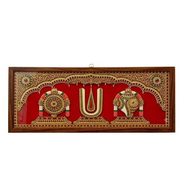 Teak wood frame-Tanjore style painting Balaji theme Shanku Chakra Namam 
