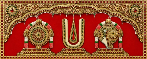 Teak wood frame-Tanjore style painting Balaji theme Shanku Chakra Namam - 24 x 9.5 Inches