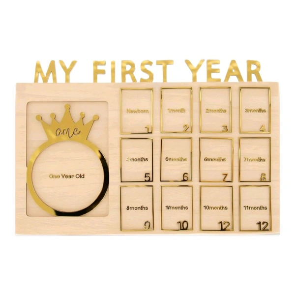 Baby Birthday Berch Wood Frame With 13 Photo - Gold, 18 * 13 inches