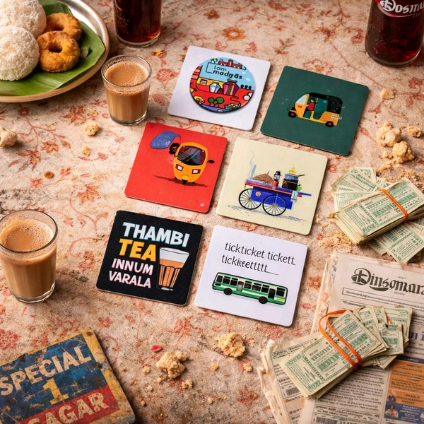 Premium Acrylic Tea Coasters UV Printed Set of 6 with Stand | Chennai