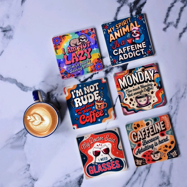 Premium Acrylic Tea Coasters UV Printed Set of 6 with Stand | Coffee Theme