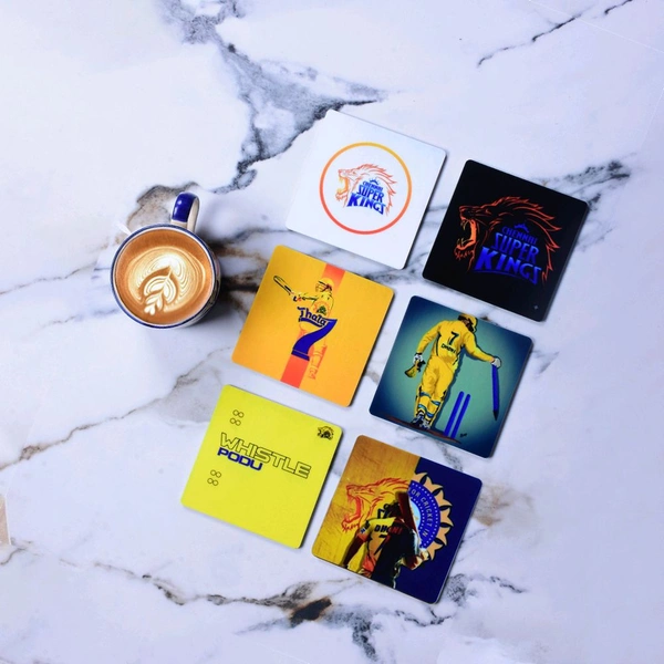 Premium Acrylic Tea Coasters UV Printed Set of 6 with Stand | CSK Cricket Theme
