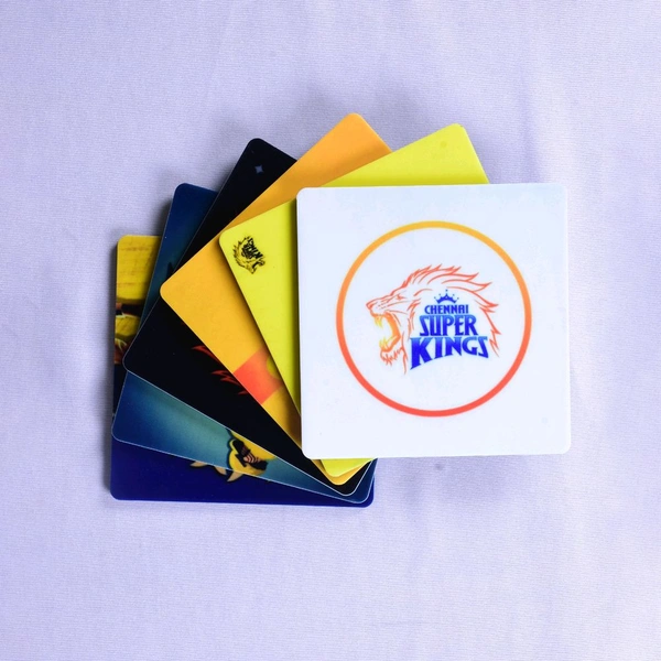 Premium Acrylic Tea Coasters UV Printed Set of 6 with Stand | CSK Cricket Theme