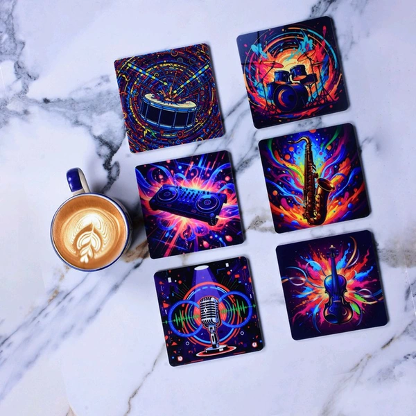 Premium Acrylic Tea Coasters UV Printed Set of 6 with Stand | Instruments