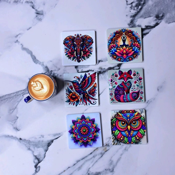 Premium Acrylic Tea Coasters UV Printed Set of 6 with Stand | Spiritual