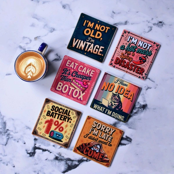 Premium Acrylic Tea Coasters UV Printed Set of 6 with Stand |Witty / Funny