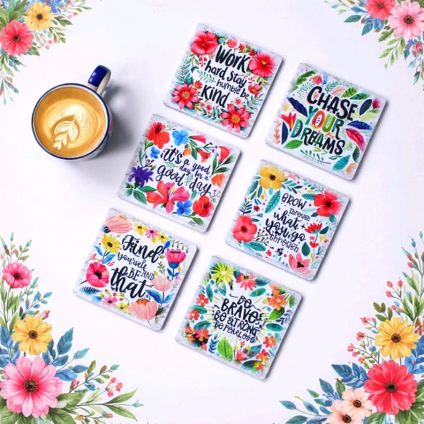 Premium Acrylic Tea Coasters UV Printed Set of 6 with Stand | Motivational Quotes 