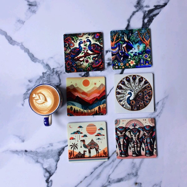 Premium Acrylic Tea Coasters UV Printed Set of 6 with Stand | Nature And Hormany