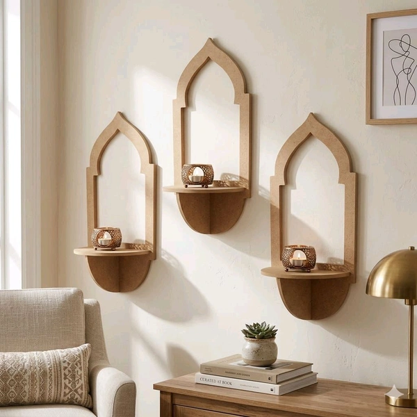 Jharokha Wall Shelf / Diya Stand / Floating Shelf - 8 * 3.75 * 2.5 inches, 1 pair, with mirror