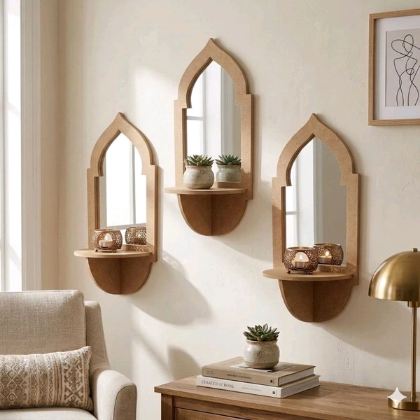 Jharokha Wall Shelf / Diya Stand / Floating Shelf - 12 * 5 * 3 inches, 1 pair, with mirror
