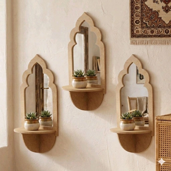 Jharokha Wall Shelf / Diya Stand / Floating Shelf - 8 * 3.75 * 2.5 inches, 1 pair, with mirror
