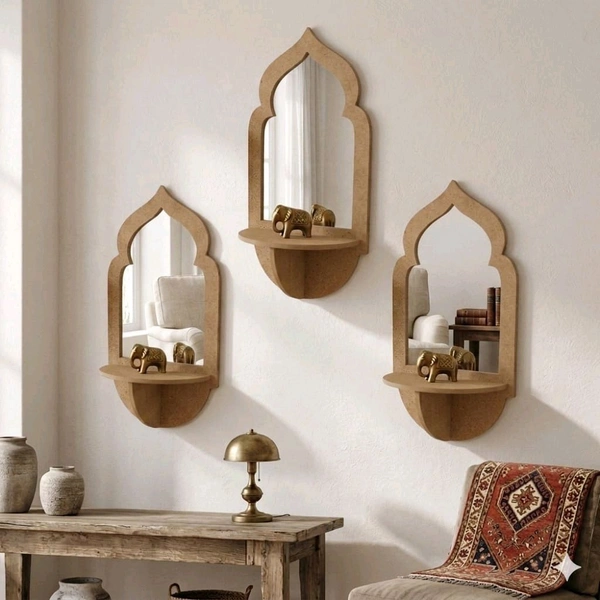 Jharokha Wall Shelf / Diya Stand / Floating Shelf - 12 * 5 * 3 inches, 1 pair, with mirror