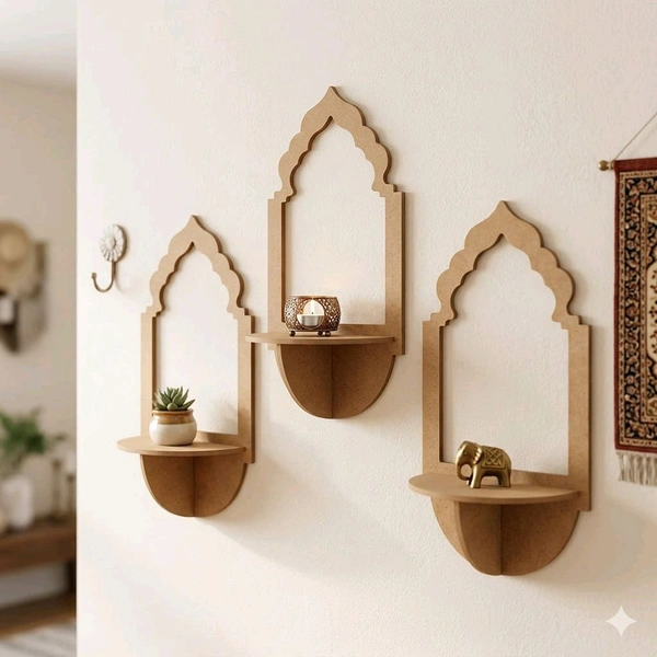 Jharokha Wall Shelf / Diya Stand / Floating Shelf - 12 * 5 * 3 inches, 1 pair, with mirror