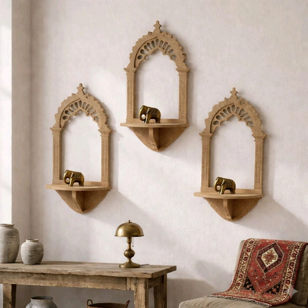 Jharokha Wall Shelf / Diya Stand / Floating Shelf - 8 * 3.75 * 2.5 inches, 1 pair, with mirror
