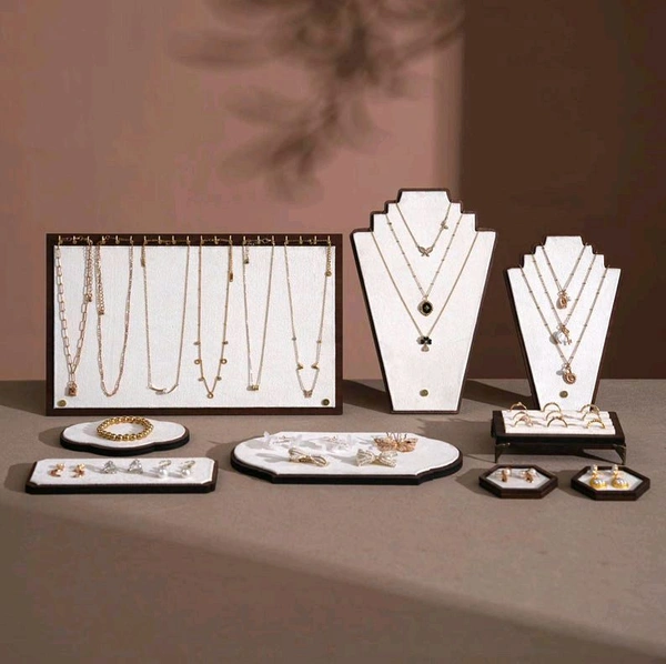 Walnut Veneer Jewelry Display Set: Green / White Faux Leather Event Showcase Fair - white