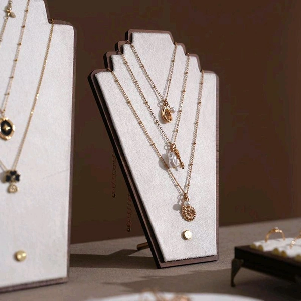 Walnut Veneer Jewelry Display Set: Green / White Faux Leather Event Showcase Fair - white