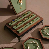 Walnut Veneer Jewelry Display Set: Green / White Faux Leather Event Showcase Fair - green