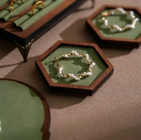 Walnut Veneer Jewelry Display Set: Green / White Faux Leather Event Showcase Fair - green