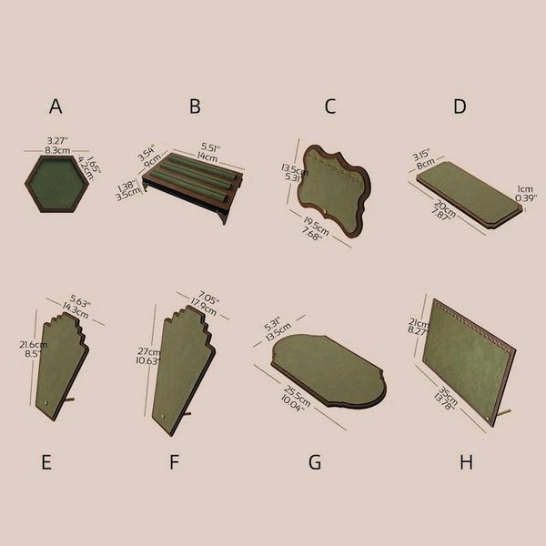 Walnut Veneer Jewelry Display Set: Green / White Faux Leather Event Showcase Fair - green