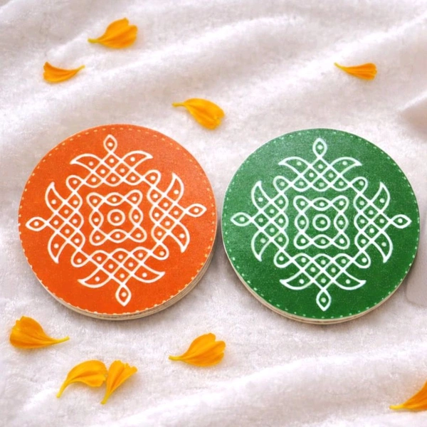 Printed Round Acrylic kolam Coasters - Green, 4 pcs