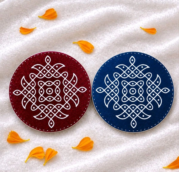 Printed Round Acrylic kolam Coasters - Blue, 4 pcs